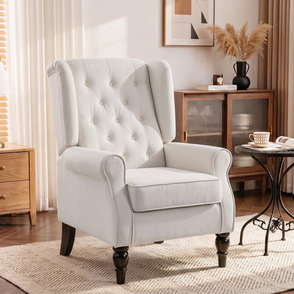 HOMCOM Mid-Century Modern Accent Chair, High Wingback Reading Chair, Button-Tufted Upholstered Fabric Armchair with Retro Wood Legs for Apartment, Living Room, Bedroom, Cream White