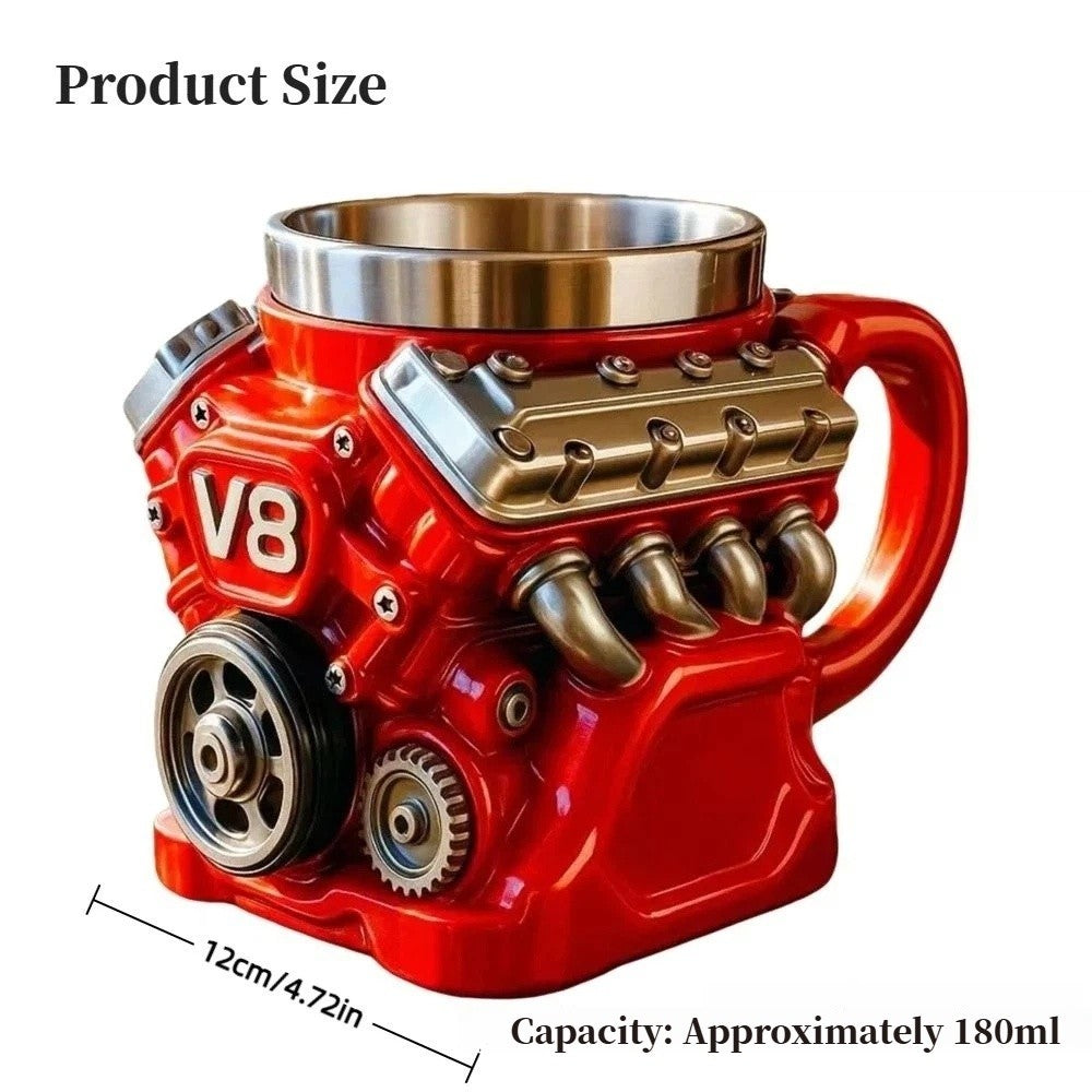 Retro Engine Coffee Mug Double Wall 180ML V8 Engines Stainless Steel Cup with Handle Realistic Design Insulation Car Mug