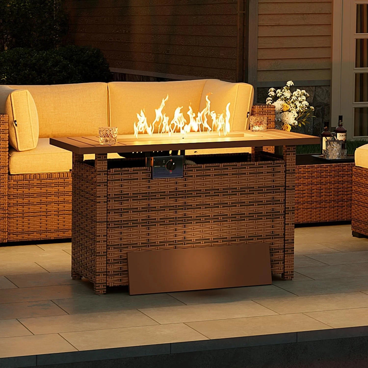 Nordivale 44'' Outdoor Wicker Gas Fire Pit Table, 50,000 BTU Propane Firepit with Lid, Patio Furniture Set for Backyard Poolside Garden (Brown)