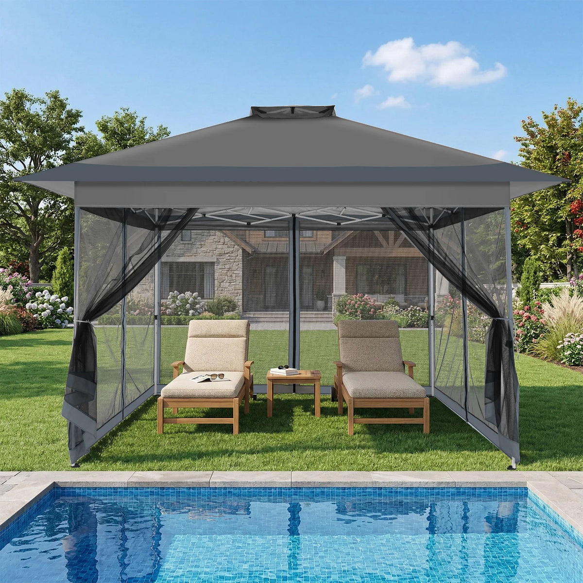 13x13FT Pop Up Gazebos On Clearance Canopy Tent- Upgrade Metal Outdoor Canopy Waterproof - Portable Gazebo with Mosquito Nettings, 4 Ropes 8 Stakes and Carry Bag for Patio Garden