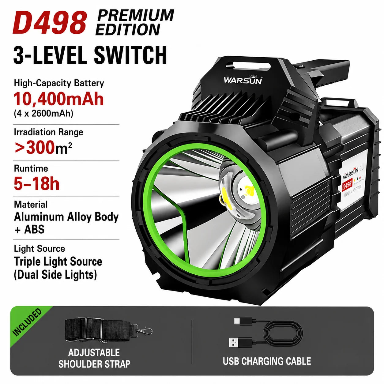 WARSUN D498 Rechargeable Handheld Searchlight, Powerful Long-Range LED Flashlight with Large-Capacity Battery and Long Runtime