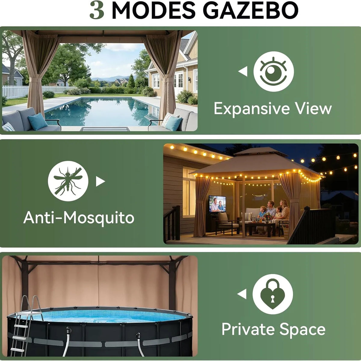 Aoxun 12x10 Heavy Duty Gazebo with Curtain and Mosquito Netting Double Roof Patio Tent Zipper Screen Backyard Garden Lawn Shelter Beige