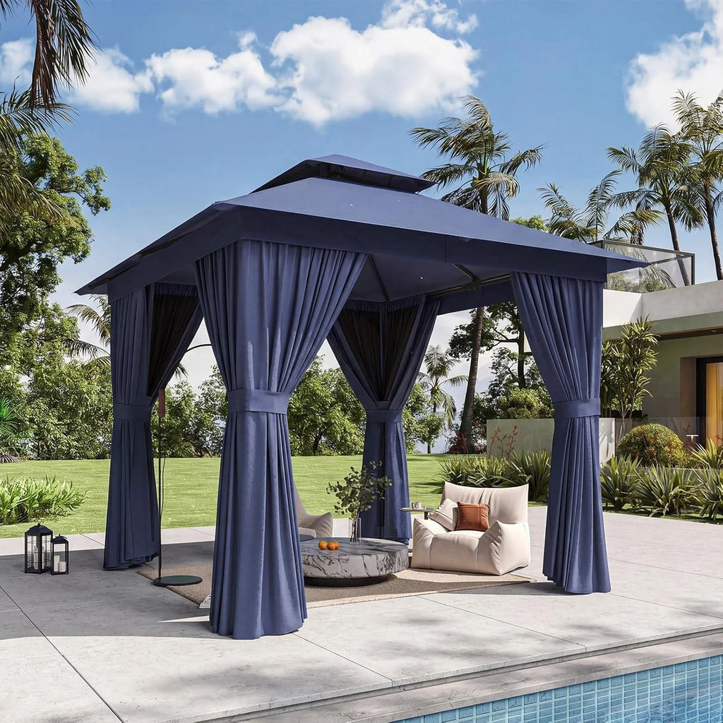 Aoxun 12x10 Heavy Duty Gazebo with Curtain and Mosquito Netting Double Roof Patio Tent Zipper Screen Backyard Garden Lawn Shelter Beige