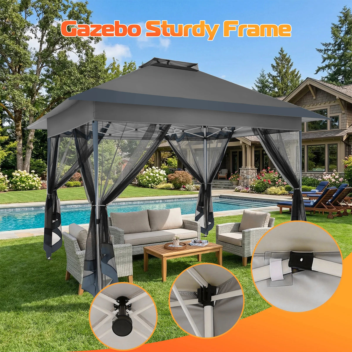 13x13FT Pop Up Gazebos On Clearance Canopy Tent- Upgrade Metal Outdoor Canopy Waterproof - Portable Gazebo with Mosquito Nettings, 4 Ropes 8 Stakes and Carry Bag for Patio Garden
