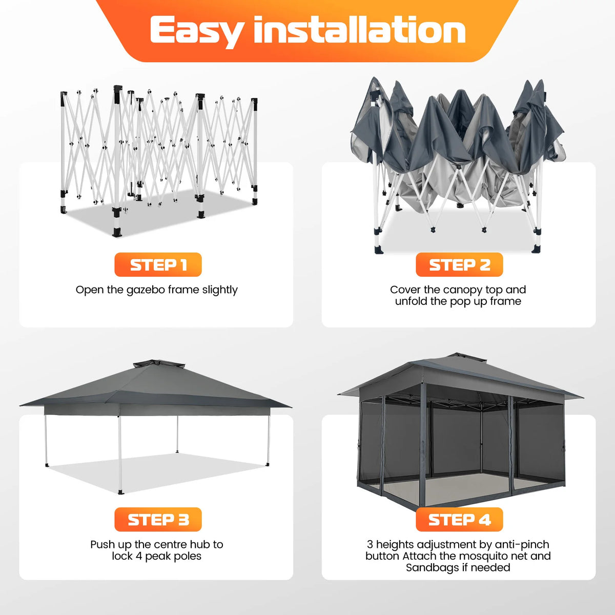 13x13FT Pop Up Gazebos On Clearance Canopy Tent- Upgrade Metal Outdoor Canopy Waterproof - Portable Gazebo with Mosquito Nettings, 4 Ropes 8 Stakes and Carry Bag for Patio Garden