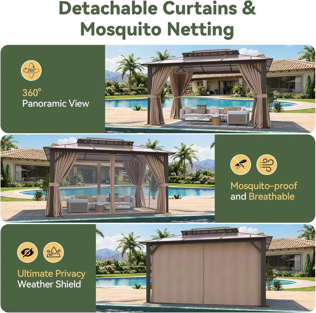 Nordivale 12x16ft Hardtop Gazebo with Double Polycarbonate Roof Aluminum Outdoor Pavilion with Removable Curtains & Netting for Patio Garden (Brown)