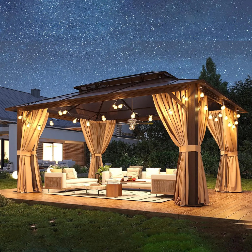 Nordivale 12x16ft Hardtop Gazebo with Double Polycarbonate Roof Aluminum Outdoor Pavilion with Removable Curtains & Netting for Patio Garden (Brown)