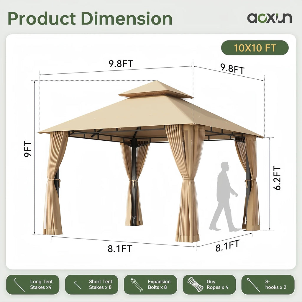 Aoxun 10x10FT Gazebo with Mosquito Netting Double Roof Outdoor Party Tent with Zipper Screens for Backyard Garden