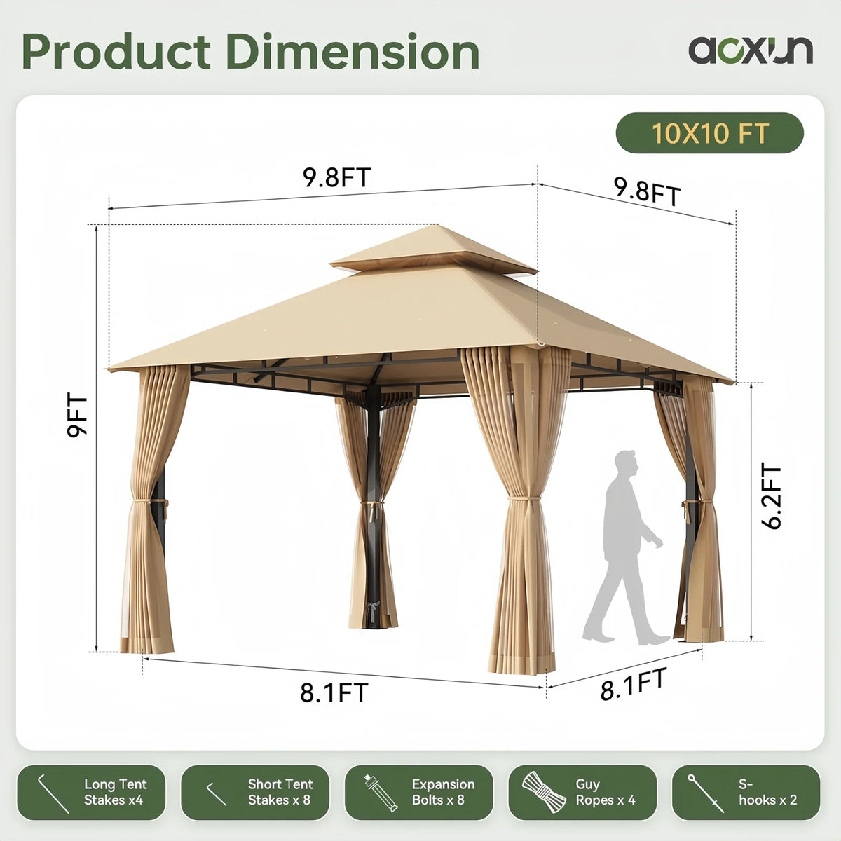 Aoxun 10x10FT Gazebo with Mosquito Netting Double Roof Outdoor Party Tent with Zipper Screens for Backyard Garden