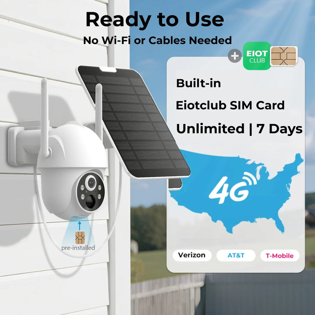 4G Wireless Solar Power Outdoor Security Camera PIR Human Detection Night Vision Waterproof Two-Way Talk IP Camera with SIM Card
