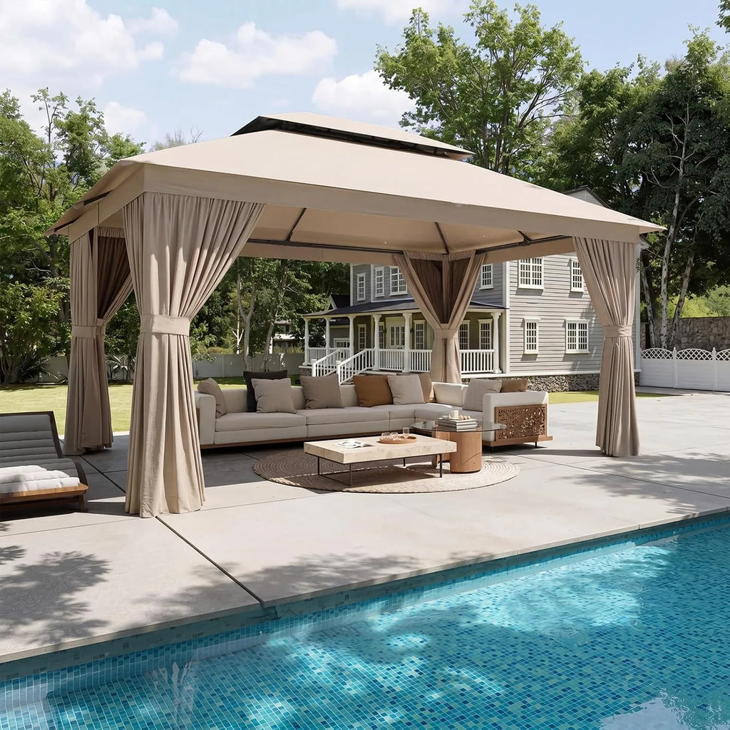 Aoxun 12x10 Heavy Duty Gazebo with Curtain and Mosquito Netting Double Roof Patio Tent Zipper Screen Backyard Garden Lawn Shelter Beige