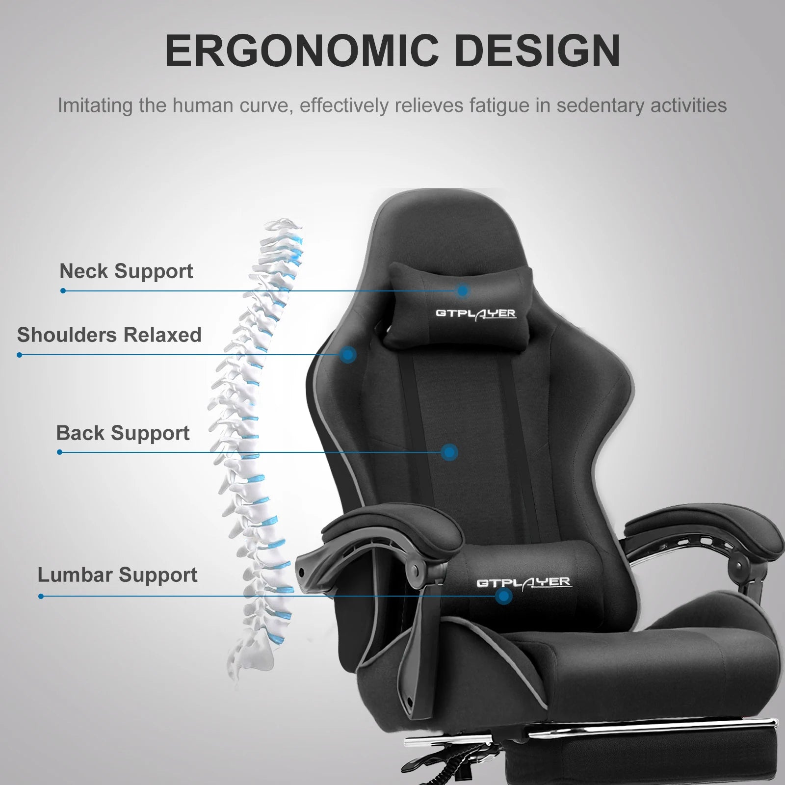 GTPLAYER Gaming Chair with Footrest, Lumbar Support, Adjustable Height, Swivel, Headrest for Office/Gaming