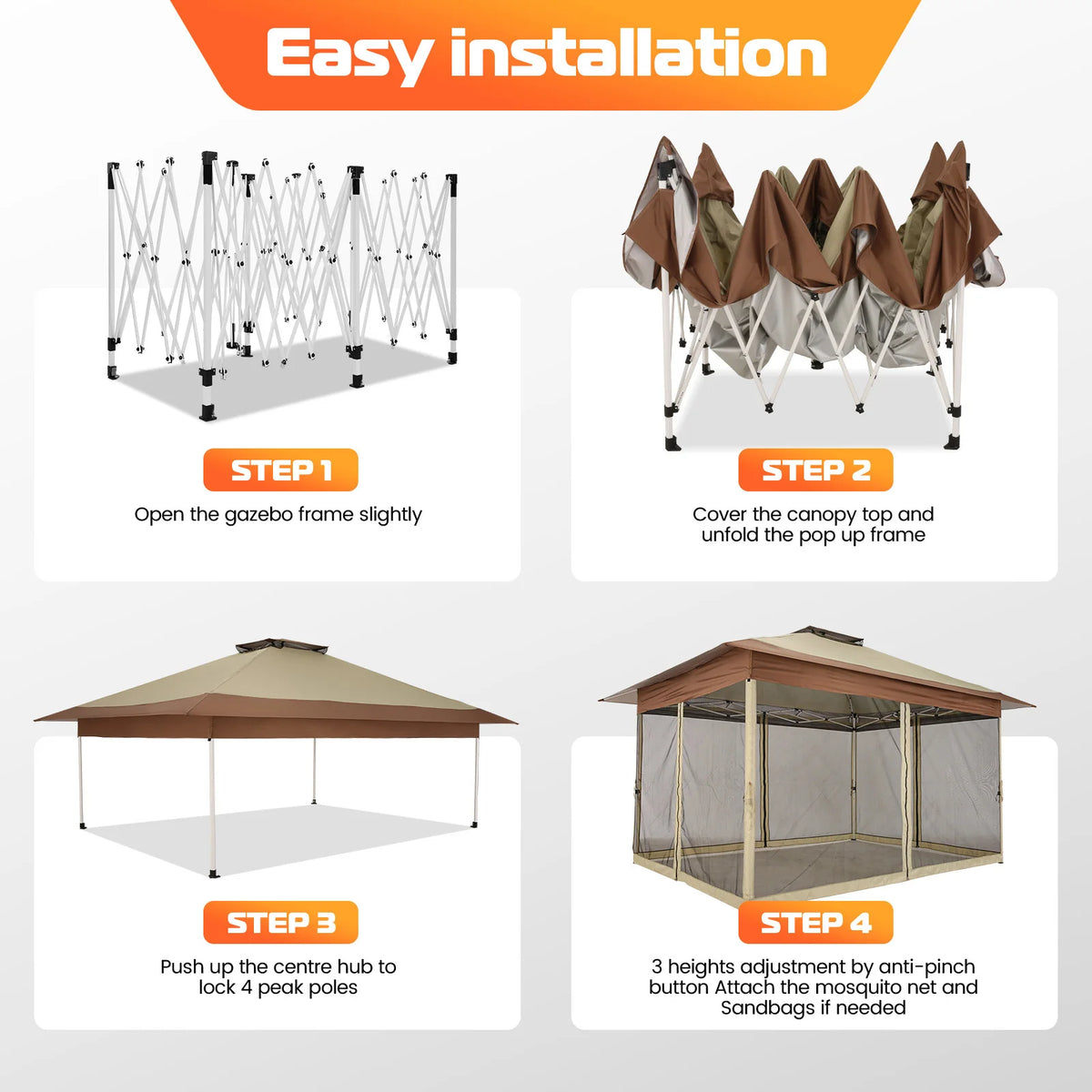 13x13FT Pop Up Gazebos On Clearance Canopy Tent- Upgrade Metal Outdoor Canopy Waterproof - Portable Gazebo with Mosquito Nettings, 4 Ropes 8 Stakes and Carry Bag for Patio Garden
