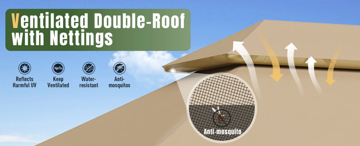 Aoxun 12x10 Heavy Duty Gazebo with Curtain and Mosquito Netting Double Roof Patio Tent Zipper Screen Backyard Garden Lawn Shelter Beige