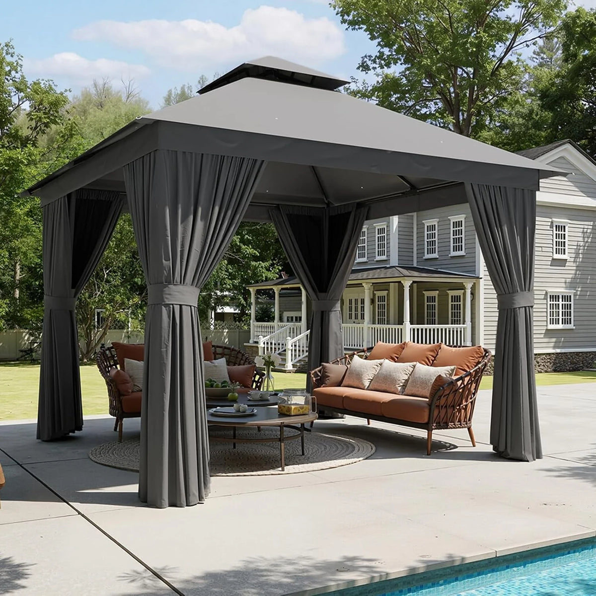 Aoxun 12x10 Heavy Duty Gazebo with Curtain and Mosquito Netting Double Roof Patio Tent Zipper Screen Backyard Garden Lawn Shelter Beige