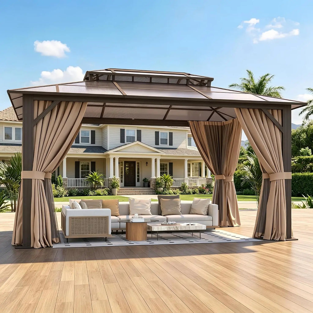 Nordivale 12x16ft Hardtop Gazebo with Double Polycarbonate Roof Aluminum Outdoor Pavilion with Removable Curtains & Netting for Patio Garden (Brown)