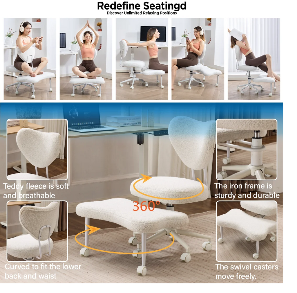 Ergonomic Cross-Legged Meditation Chair with Lumbar Support, Adjustable Height Swivel Office Chair, Teddy Fabric Beige