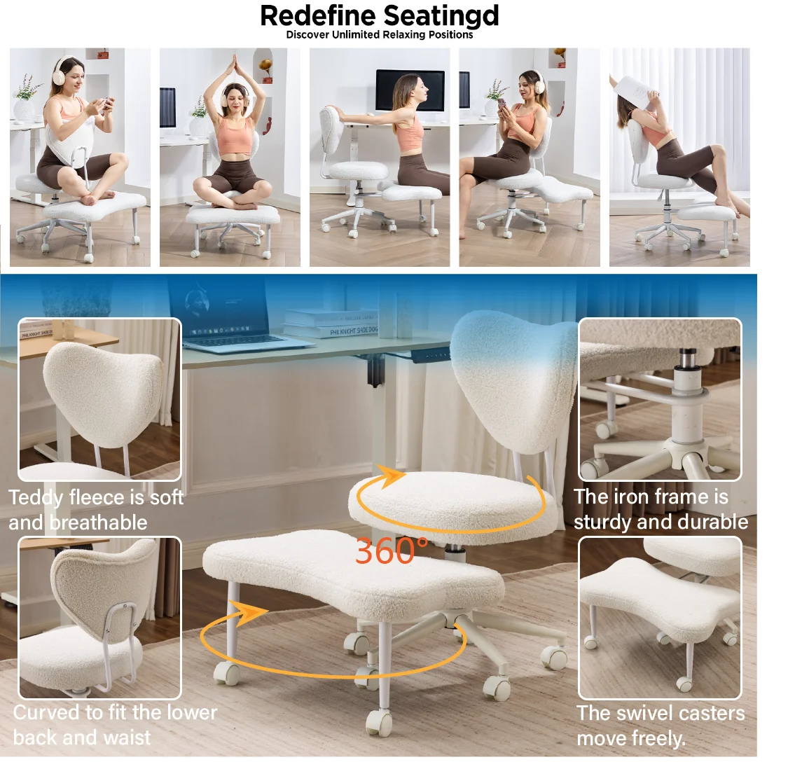 Ergonomic Cross-Legged Meditation Chair with Lumbar Support, Adjustable Height Swivel Office Chair, Teddy Fabric Beige