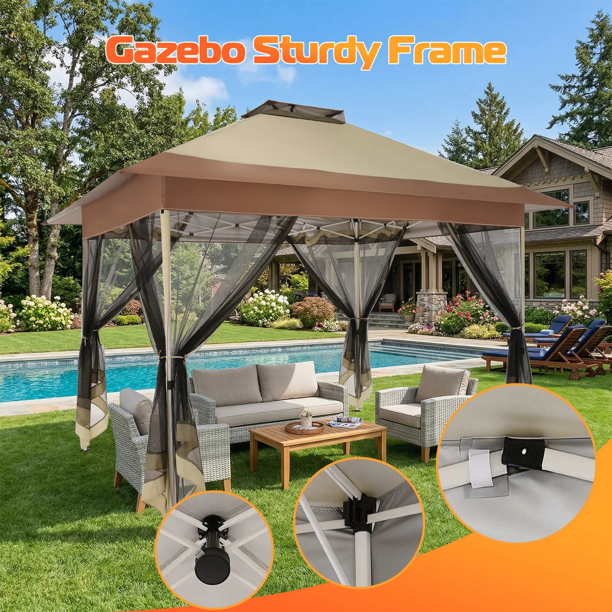 13x13FT Pop Up Gazebos On Clearance Canopy Tent- Upgrade Metal Outdoor Canopy Waterproof - Portable Gazebo with Mosquito Nettings, 4 Ropes 8 Stakes and Carry Bag for Patio Garden