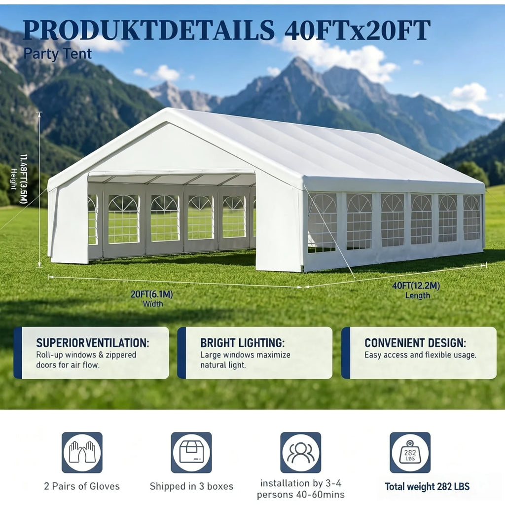 40x20ft Heavy Duty Party Tent Commercial Canopy With Removable Sidewalls Waterproof Wedding Event Tent For Outdoor BBQ Birthday Camping White