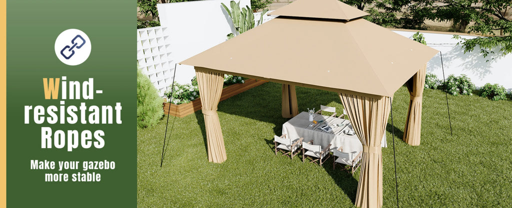 Aoxun 12x10 Heavy Duty Gazebo with Curtain and Mosquito Netting Double Roof Patio Tent Zipper Screen Backyard Garden Lawn Shelter Beige