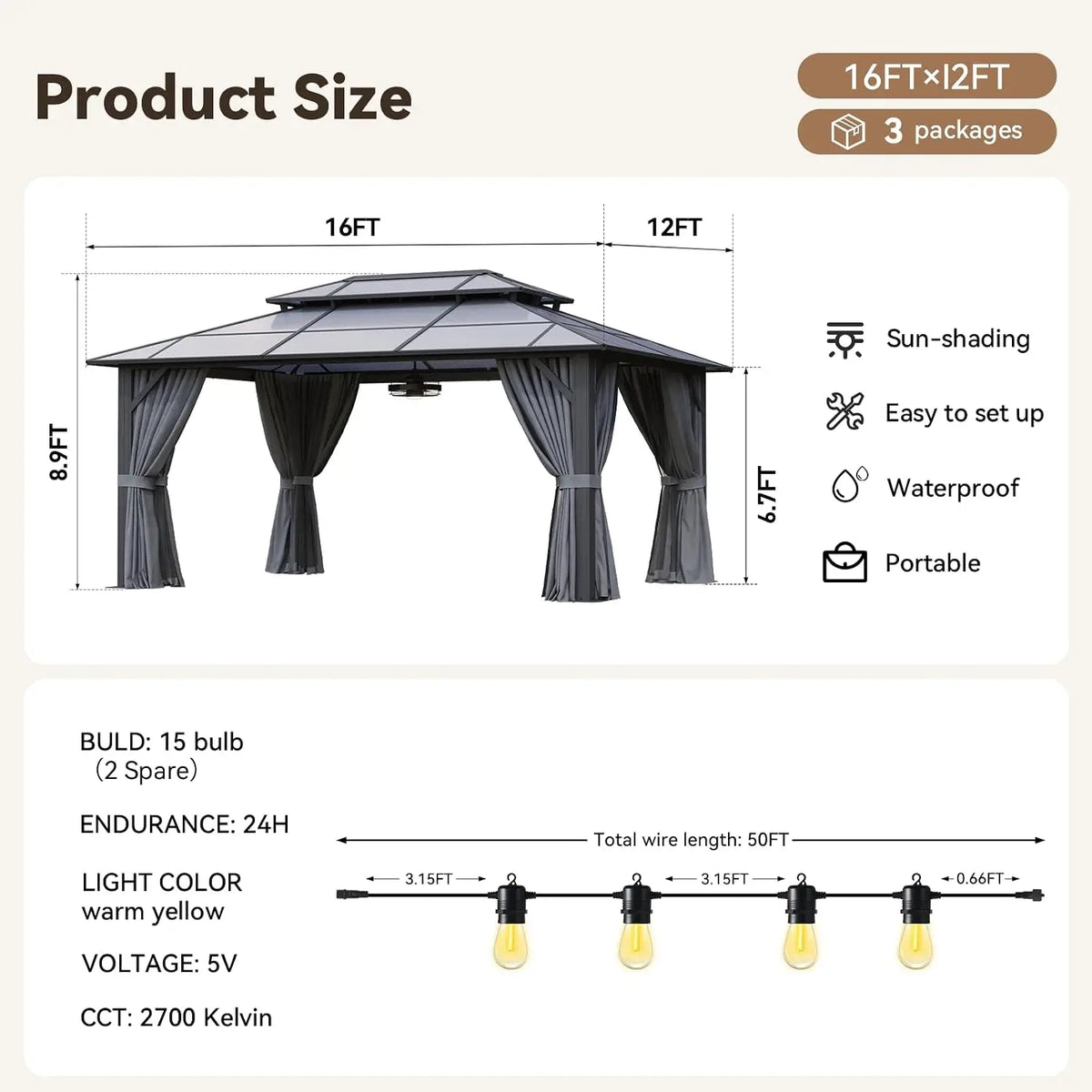 Nordivale 12x16ft Hardtop Gazebo with Double Polycarbonate Roof Aluminum Outdoor Pavilion with Removable Curtains & Netting for Patio Garden (Brown)