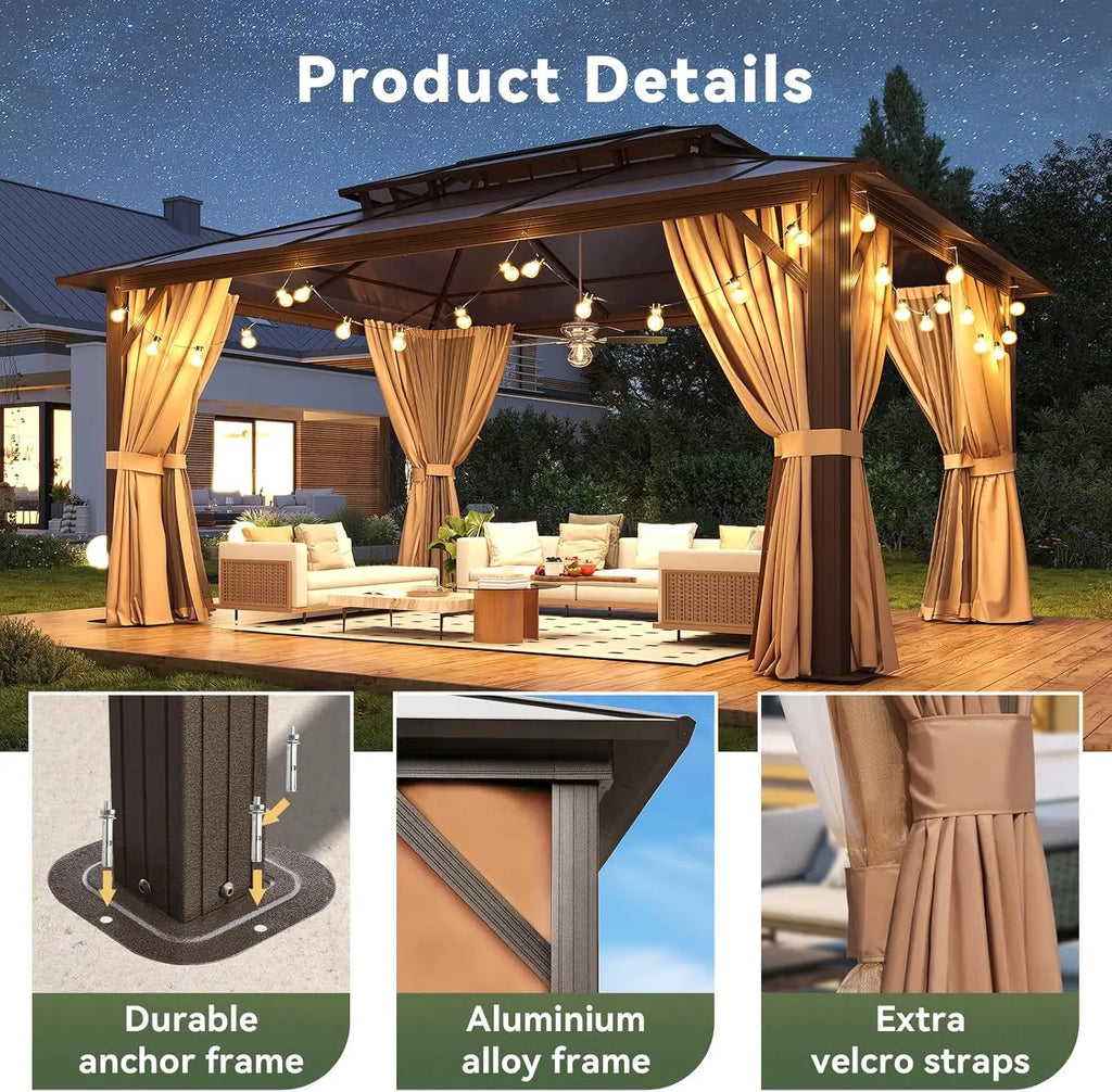 Nordivale 12x16ft Hardtop Gazebo with Double Polycarbonate Roof Aluminum Outdoor Pavilion with Removable Curtains & Netting for Patio Garden (Brown)