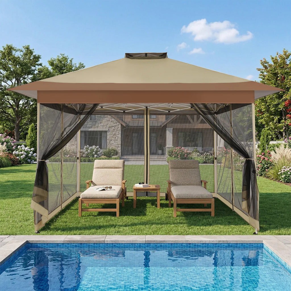 13x13FT Pop Up Gazebos On Clearance Canopy Tent- Upgrade Metal Outdoor Canopy Waterproof - Portable Gazebo with Mosquito Nettings, 4 Ropes 8 Stakes and Carry Bag for Patio Garden