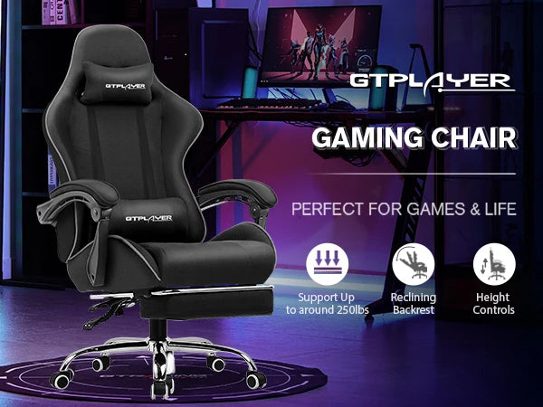 GTPLAYER Gaming Chair with Footrest, Lumbar Support, Adjustable Height, Swivel, Headrest for Office/Gaming