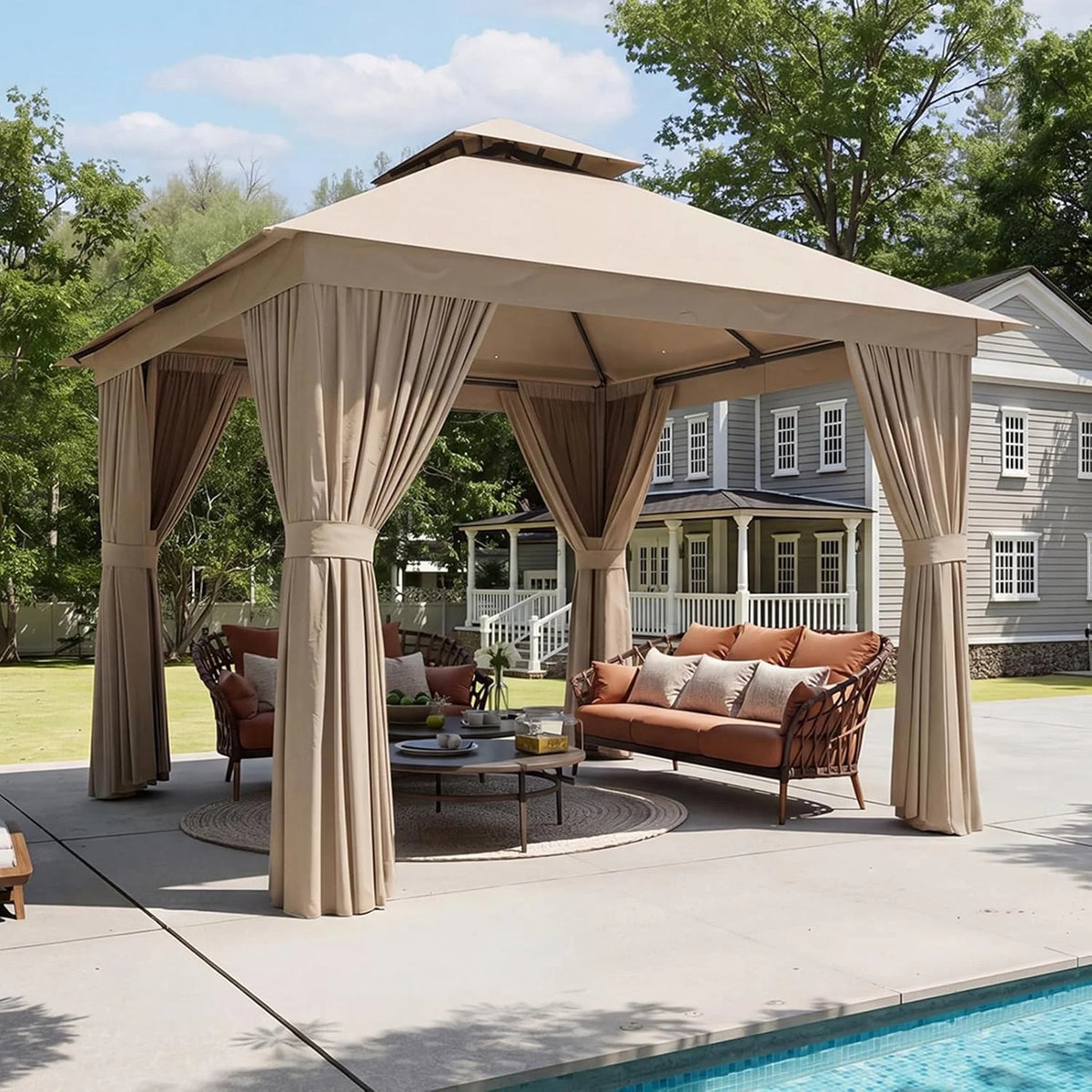 Aoxun 12x10 Heavy Duty Gazebo with Curtain and Mosquito Netting Double Roof Patio Tent Zipper Screen Backyard Garden Lawn Shelter Beige
