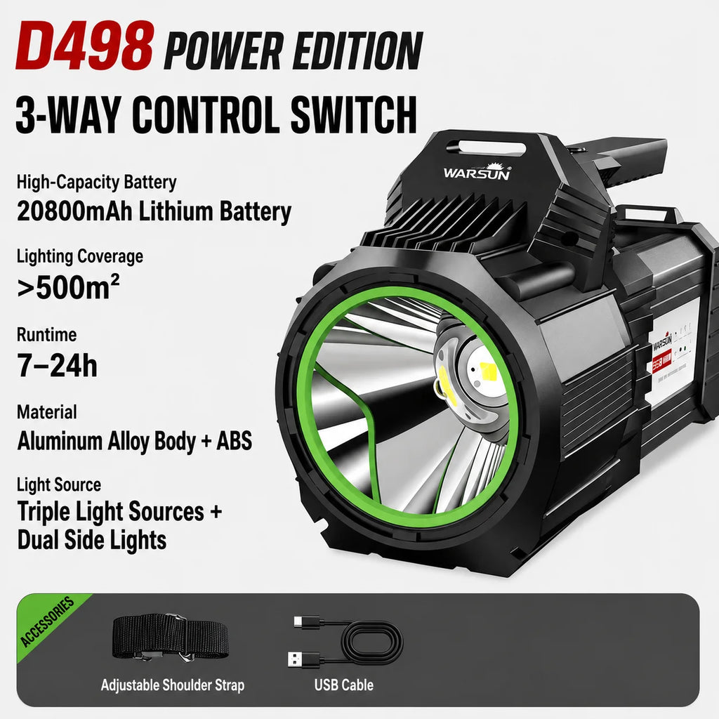 WARSUN D498 Rechargeable Handheld Searchlight, Powerful Long-Range LED Flashlight with Large-Capacity Battery and Long Runtime