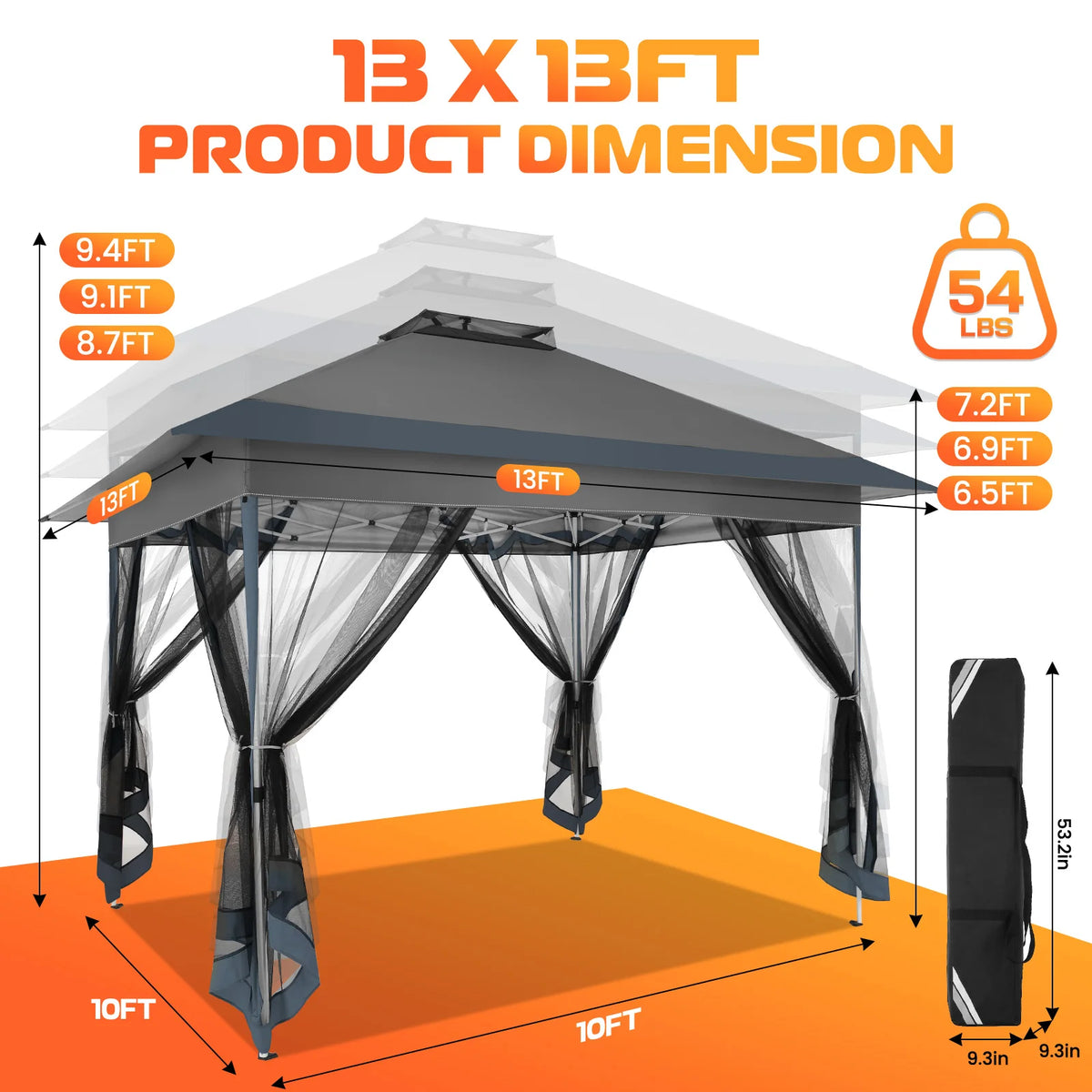 13x13FT Pop Up Gazebos On Clearance Canopy Tent- Upgrade Metal Outdoor Canopy Waterproof - Portable Gazebo with Mosquito Nettings, 4 Ropes 8 Stakes and Carry Bag for Patio Garden