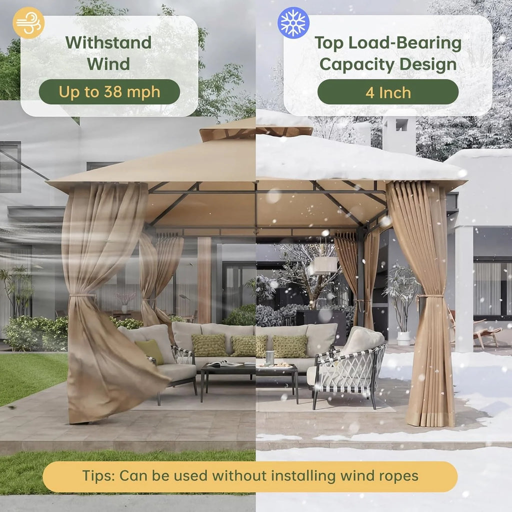 Aoxun 10x10FT Gazebo with Mosquito Netting Double Roof Outdoor Party Tent with Zipper Screens for Backyard Garden