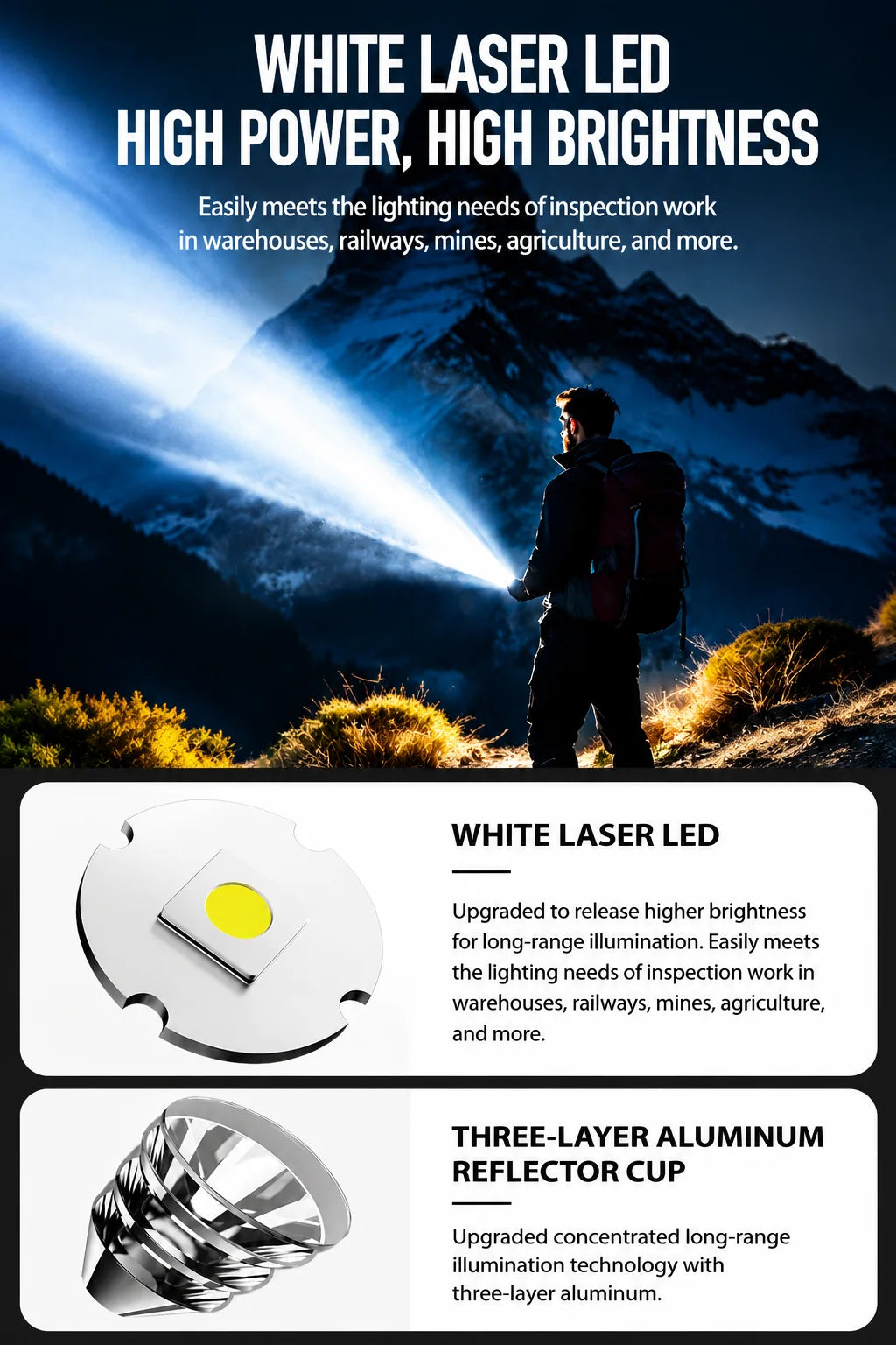 WARSUN D498 Rechargeable Handheld Searchlight, Powerful Long-Range LED Flashlight with Large-Capacity Battery and Long Runtime