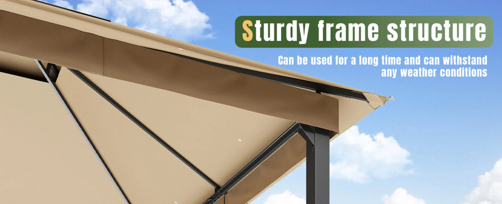 Aoxun 12x10 Heavy Duty Gazebo with Curtain and Mosquito Netting Double Roof Patio Tent Zipper Screen Backyard Garden Lawn Shelter Beige