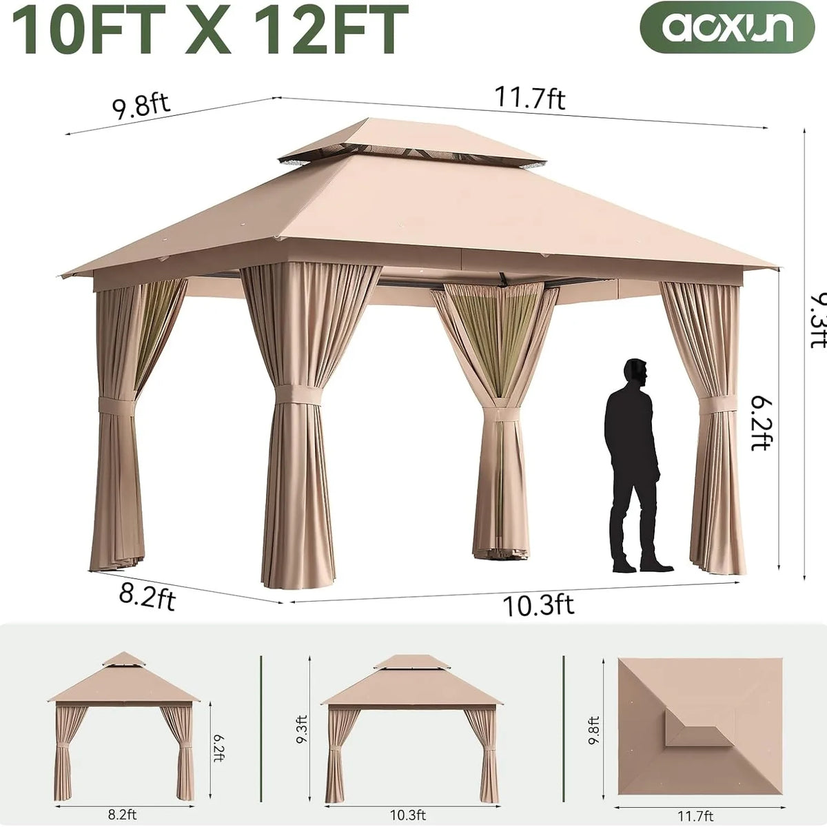 Aoxun 12x10 Heavy Duty Gazebo with Curtain and Mosquito Netting Double Roof Patio Tent Zipper Screen Backyard Garden Lawn Shelter Beige