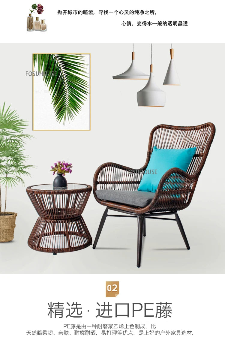 Rattan Chair Three Piece Set Balcony Table Combination Outdoor Furniture Armrest Single Rattan Sofa Recliner Patio Outdoor Chair