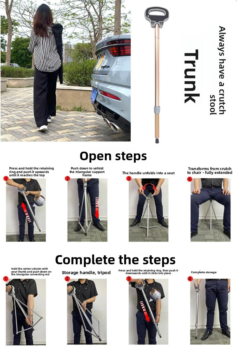 Aluminum Alloy Elderly Cane  Scratch-Resistant Multi-Function Hiking Stick  Foldable Walking Seat Adjustable Trekking Pole
