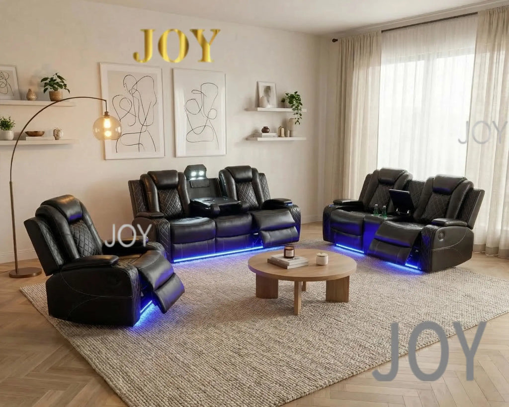 #￥Power Recliner Sofa Set with LED  Leather Reclining Sofa Set Loveseat Chair with USB Port Cup Holders Storage for Home Theater