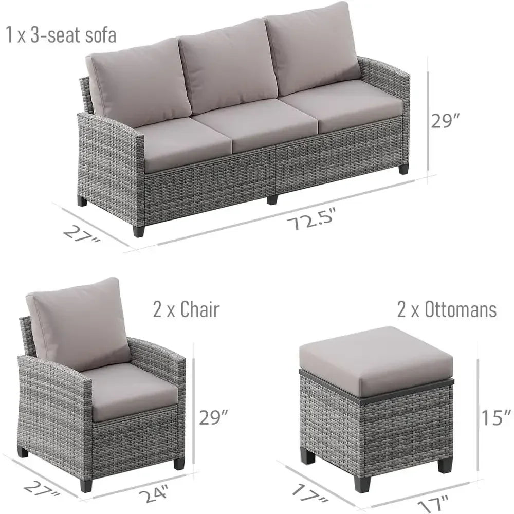 All-Weather 5-Piece Outdoor Sectional Patio Furniture Set, Wicker Sofa for Backyard, Porch, Poolside, Garden, Balcony - Gray & G