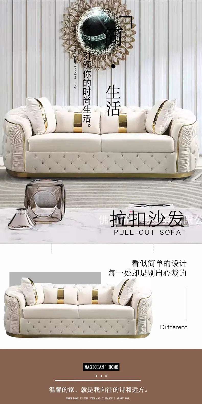 Luxury Chesterfield Sectional Sofa Set with Cloth Buttons and Fabric Modular Couch with Gold Stainless Steel Base, 3-seater Sofa