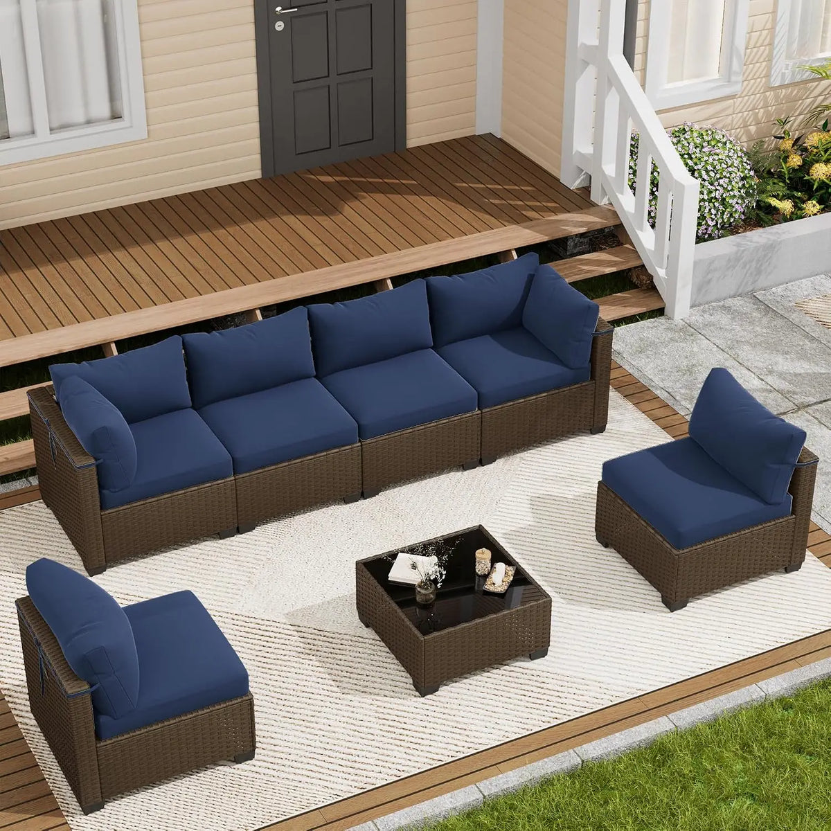 7 Piece Wicker Rattan Patio Conversation Set, Outdoor Sectional Sofa, Custom