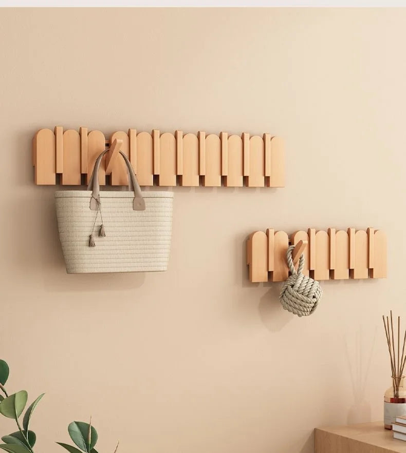 Piano Key Hanging Rack - Wall-Mounted Wooden Hook with Multiple Compartments for Clothes, Hats, Bags, Entryway Organizer