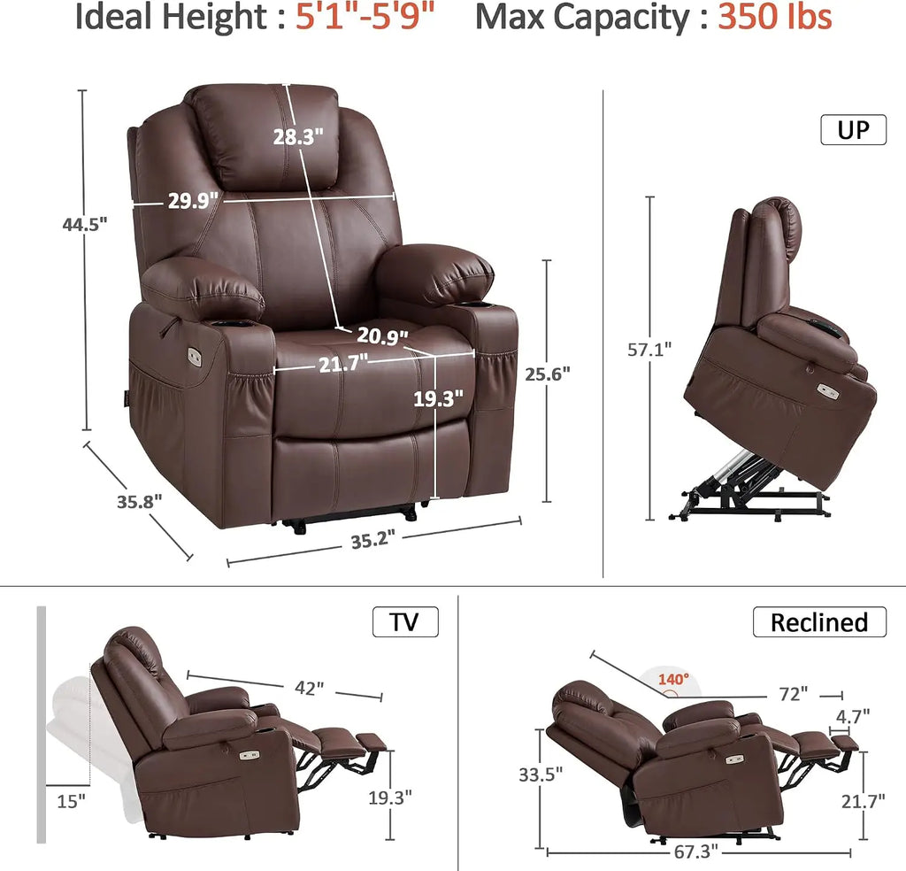 Electric Power Lift Recliner Chair with Massage Heat for Elderly, 3 Positions, USB, Cup Holders, Faux Leather
