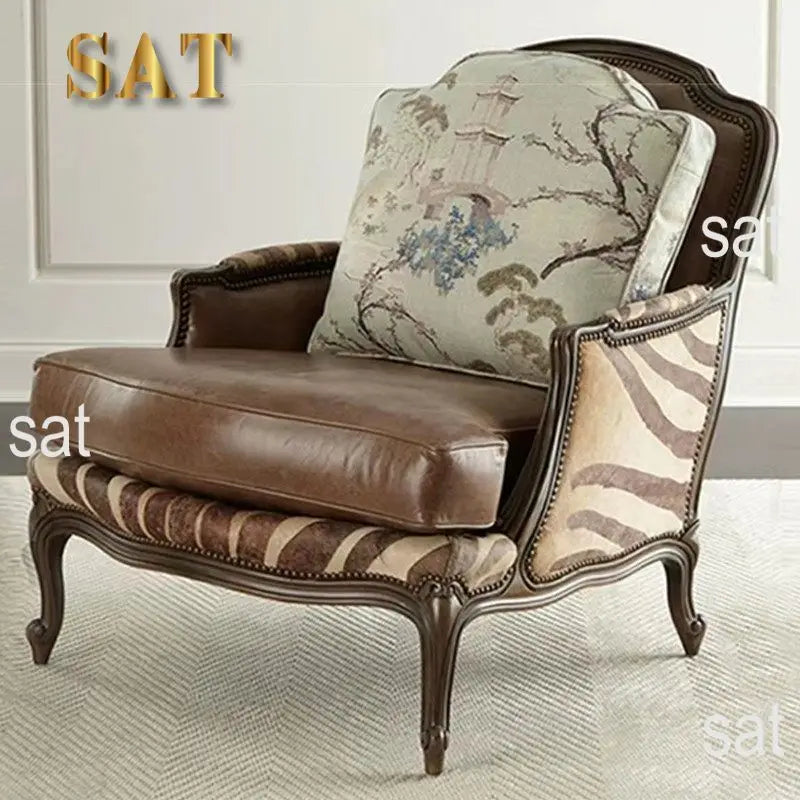 #American single sofa chair, solid wood top layer cowhide microfiber lounge chair, vintage carved negotiation chair, large apart