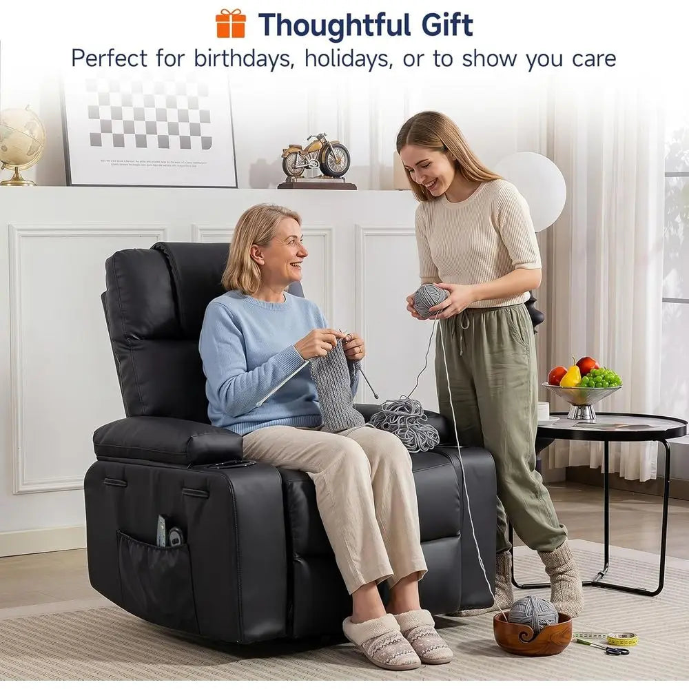 Power Lit Recliner Chair or Elderly with Massage & Heat, 160° Adjustable PU Leather Electric Recliner with Remote, Cup Holders,