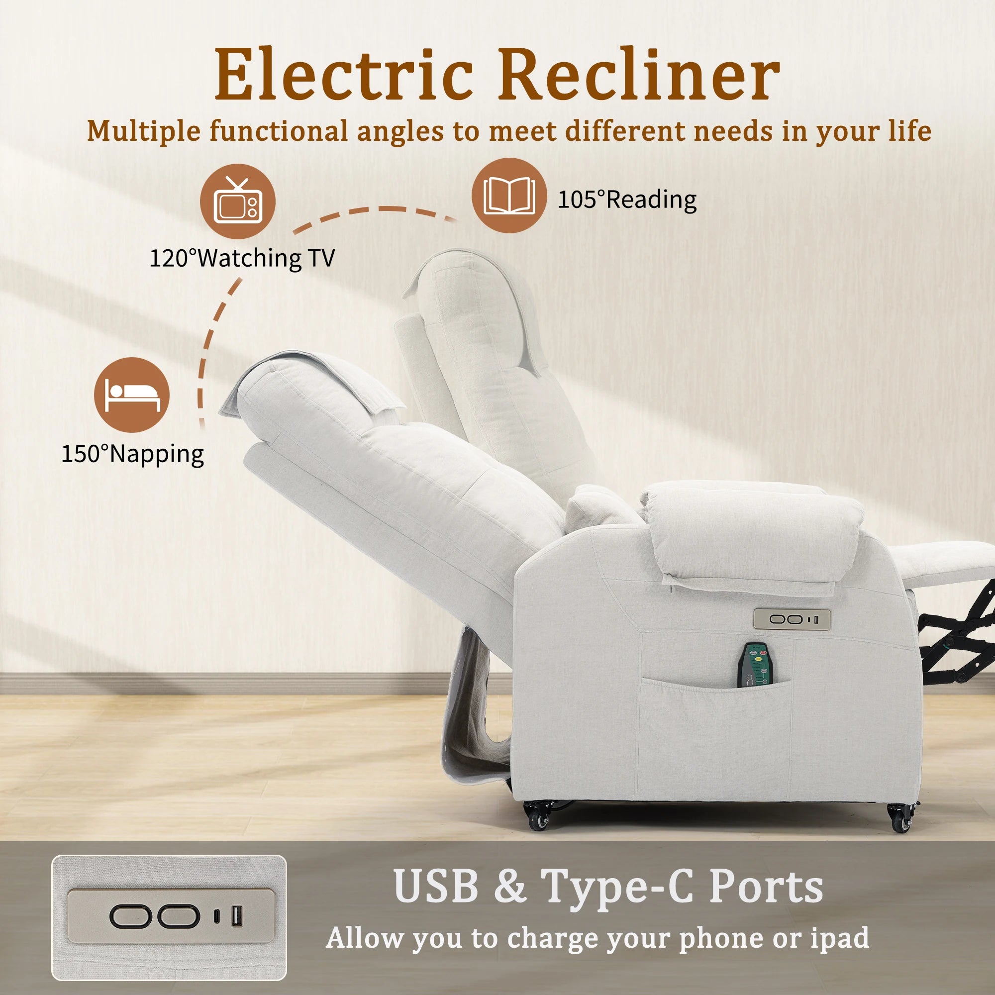 Korser Power Small Recliner Chair for Small Spaces with Wheels and USB Ports for Living Room，Bedroom，Office