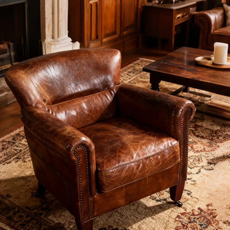 Classic Genuine Leather Single Sofa Wood Frame European-American Design for Living Room Office | High Quality Luxury Furniture