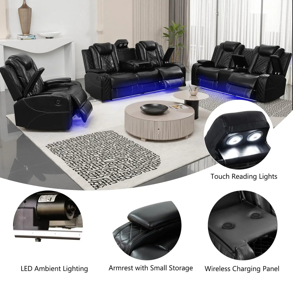 #￥Power Recliner Sofa Set with LED  Leather Reclining Sofa Set Loveseat Chair with USB Port Cup Holders Storage for Home Theater