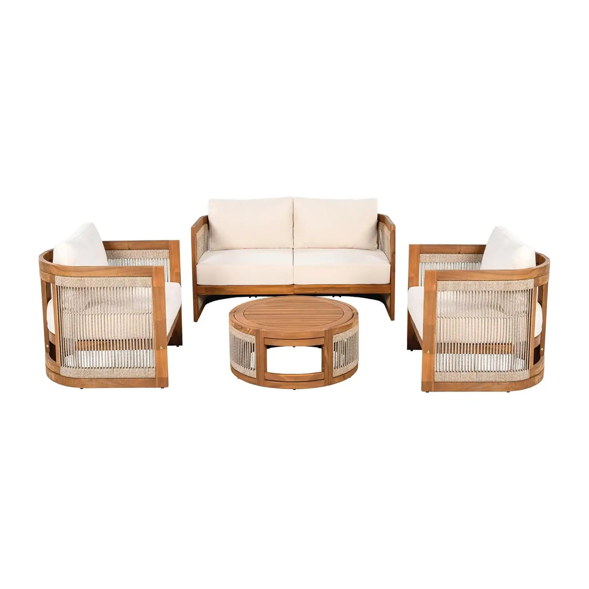 4-Piece Patio Set, All Weather Sectional w/ 2 Chairs, Loveseat & Table, Acacia Wood Outdoor Furniture with Cushions, Customized